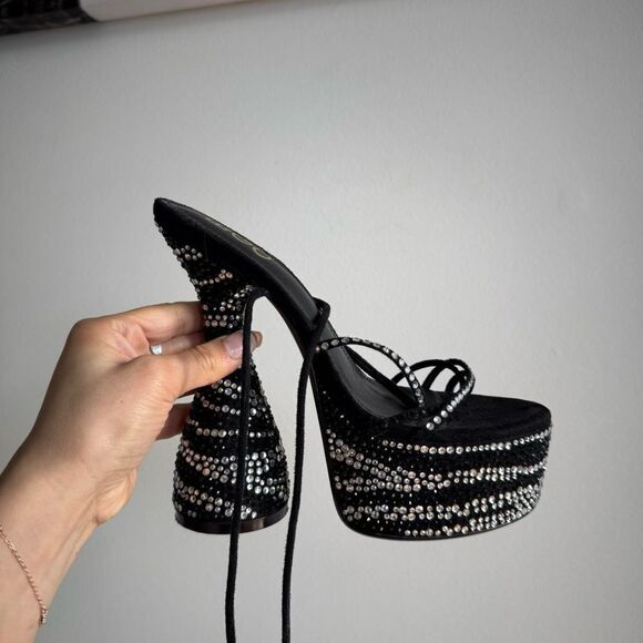 Black and silver rhinestone platform heels with ankle lace-up detail by Ego - Picture 3 of 8